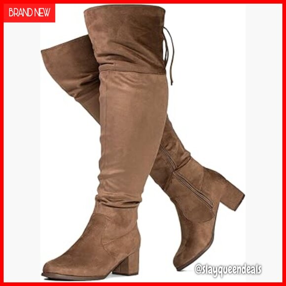 Wide Calf Over The Knee Boots Block Heel Stretchy Plus Size Friendly
